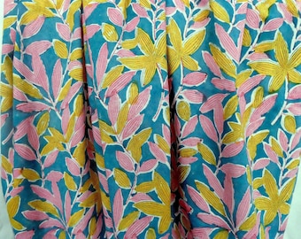 Fabric with Yellow and Pink leaves on Teal , Indian cotton fabric, Block Print India, floral fabric by the meter, flowy voile,#BP055_IND
