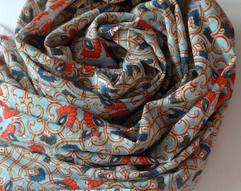 Voile with entwinded tile pattern in Orange Teal Green on Aqua, Blockprint India, handprinted indian cotton fabric, fabric by meter,#DORI017