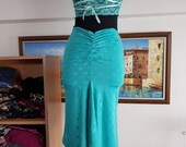Exclusive, One Shoulder, Teal Bonnie Dress with a Lace Back, Ruched Details and Slits on the Skirt.
