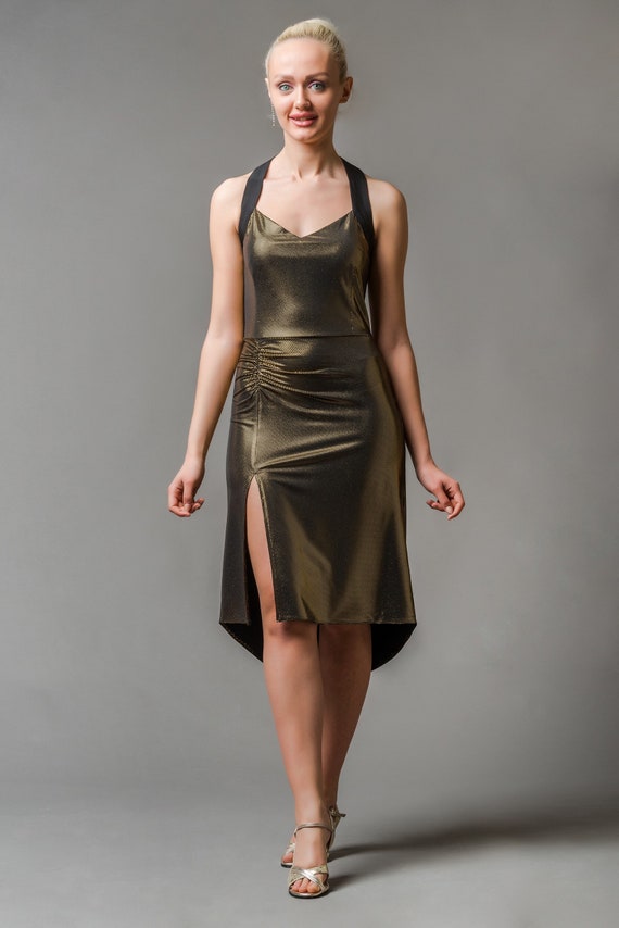 Gold Tango Dress: Ruched, Slit Detail - Elegant Dancewear - Etsy Israel