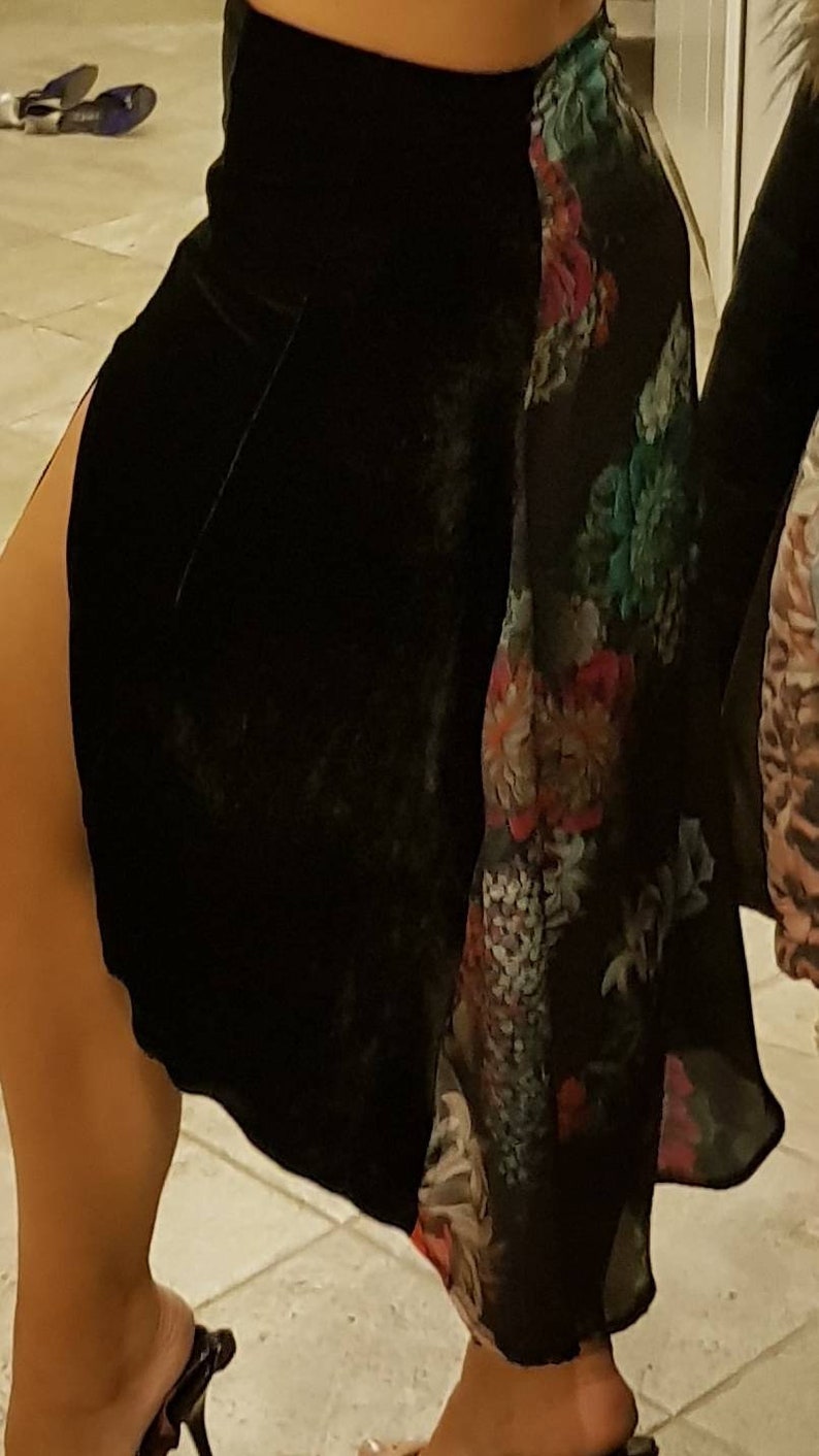 MTJ Tango Skirt and Tango Top \u2022 Black Velvet \u2022 Below Knee \u2022Satin Floral \u2022 Slit \u2022 One Shoulder Ruffled Top