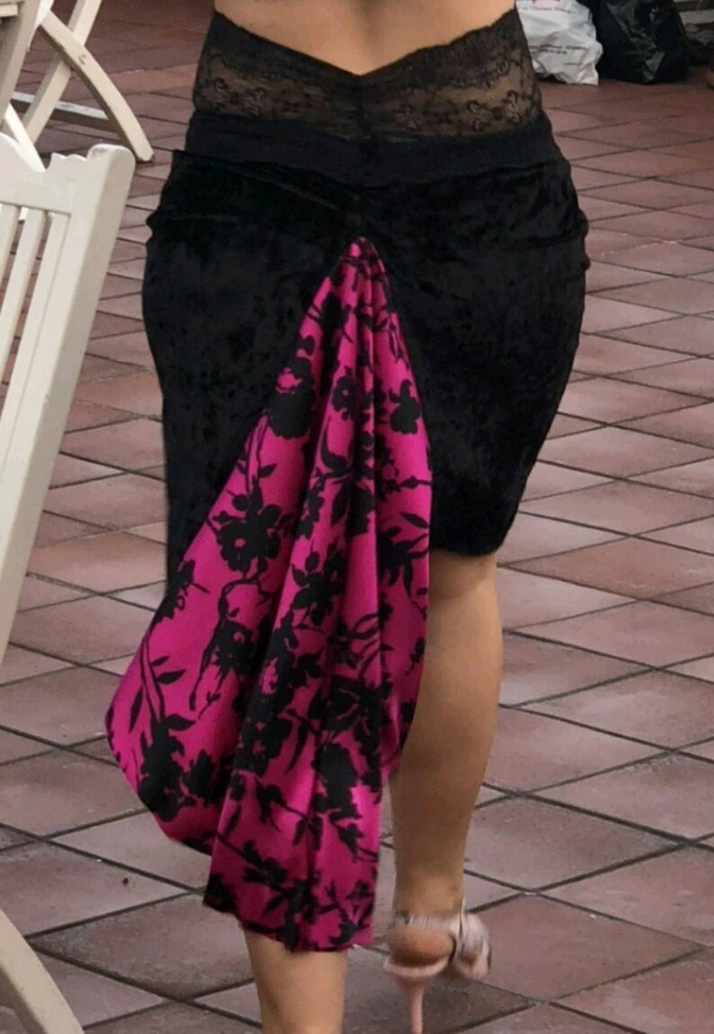Chantal Tango Skirt in Black Crushed Velvet and Silky Satin Tail.
