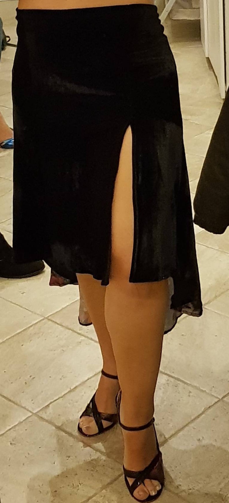 MTJ Tango Skirt and Tango Top \u2022 Black Velvet \u2022 Below Knee \u2022Satin Floral \u2022 Slit \u2022 One Shoulder Ruffled Top