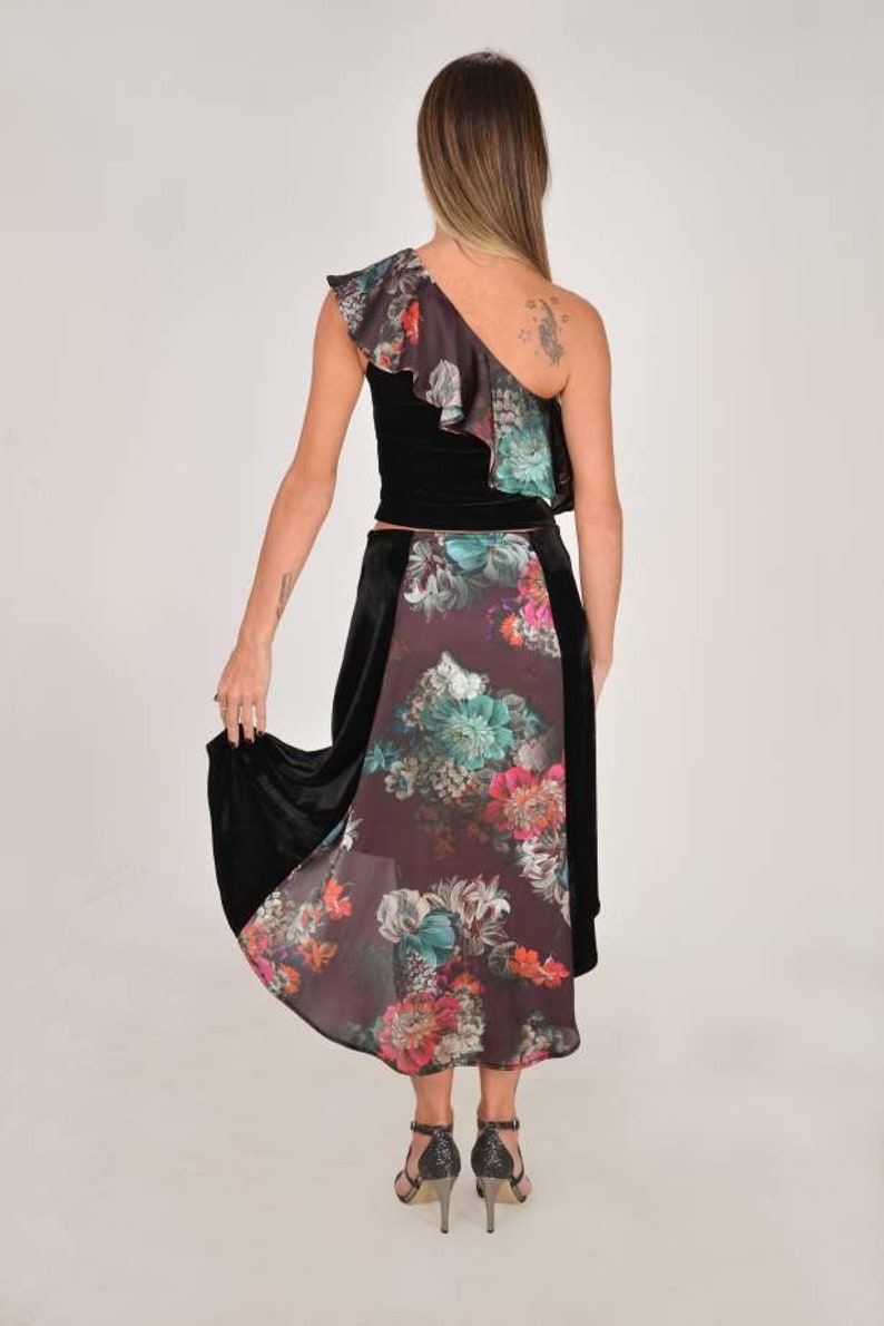 MTJ Tango Skirt and Tango Top \u2022 Black Velvet \u2022 Below Knee \u2022Satin Floral \u2022 Slit \u2022 One Shoulder Ruffled Top