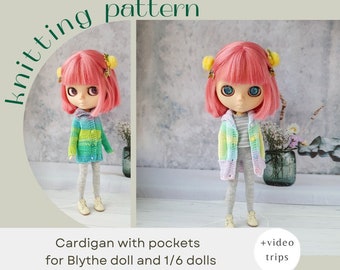 Blythe pattern knit cardigan, Blythe sweater pattern pdf, Blythe doll clothes, Doll sweater knitting pattern