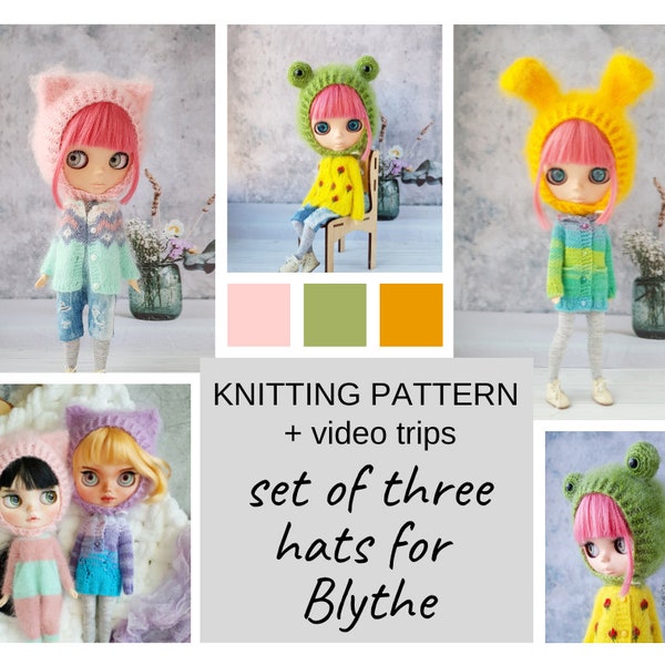 Set of three patterns for knitting hat for Blythe, Blythe hat knit tutorial, Doll hat knitting pattern, Blythe knit helmet