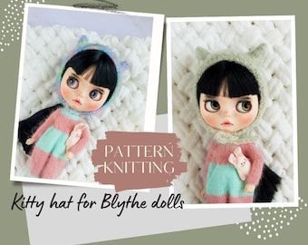 Pattern kitty hat for Blythe doll, Blythe knit helmet, Blythe knitting hat pattern, Knitting for dolls