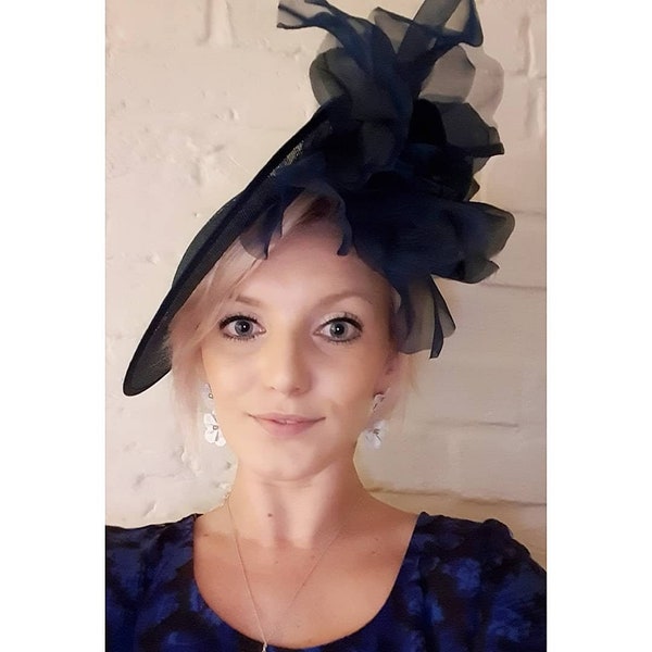 One Off - Bespoke Handmade Elegant Large Silk And Velvet Rose Royal Ascot / Ladies Day / Wedding / Henley Regatta Floral Navy Hat