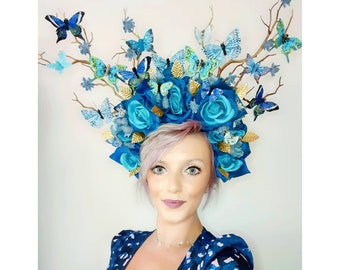 MADE TO ORDER Bespoke Handmade Stunning Blue Rose Statement Crown WithBlue Blossoms,Mixed Blue Feather Butterflies,Gold Metallic Leaves&Gems