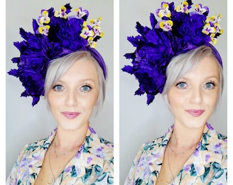 Headpiece With Large Purple Velvet Poppies With Lilac Blossom,Deep Purple Velvet Headband With Yellow&Purple Velvet Pansies,Purple Leaves