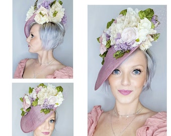 Countryside Meadow Statement Floral Hat-Pink Tea Roses,Dusty Pink Base,Cream Silk Peonies,Mauve Blossom, Pink Blossoms,Green Leaves,Gems