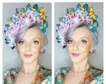Headpiece With Soft Pink Blossom, on a Light Blue Velvet Padded Headband With Blue Crystals,Duck Egg Blue Velvet Leaves,Golden Bees