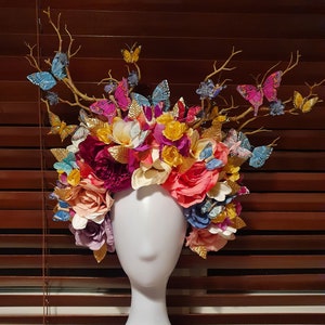 One Off-Bespoke Handmade Multi-Coloured Ladies Day/Festival/Pride/Hen Party Headdress, Multi-Coloured Butterflies,Gold Metallic Leaves&Gems image 4