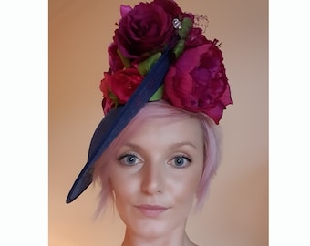 One Off - Bespoke Handmade Stunning Large Magenta Peonies And Mixed Flowers Royal Ascot / Ladies Day / Wedding Floral Hat With Gems