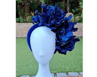 Bespoke Handmade Stunning Large Velvet Navy Blue Poppy Wedding/ Royal Ascot Headpiece With Navy Velvet Forget Me Nots & Navy Velvet Leaves