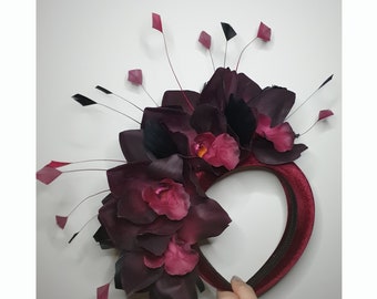 One Off-Bespoke Handmade Elegant Plum Orchid Floral Padded Burgundy Velvet Ladies Day / Wedding Headband With Black And Burgundy Feathers