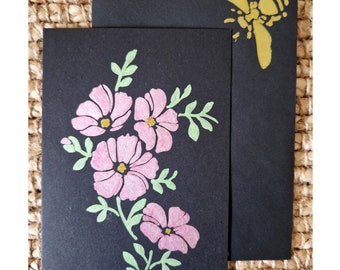 Bespoke Handmade Statement Pink Metallic Wildflower Floral Black Card with Matching Gold Bumble Bee Envelope - No message inside