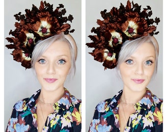 Bespoke Handmade Headpiece-Large Rust&Cream Velvet Poppies With Dark Brown Velvet Blossom,Cream Latte Velvet Headband,Large Rust Leaves