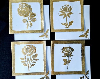 PACK OF 4 - Bespoke Handmade Statement Gold Leaf Floral Cream Card with Matching Gold Leaf Bumble Bee Envelope - No message inside