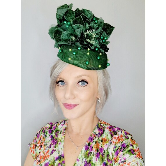 Bespoke Handmade Evergreen Pearl Hat-large Green Velvet  display picture 1