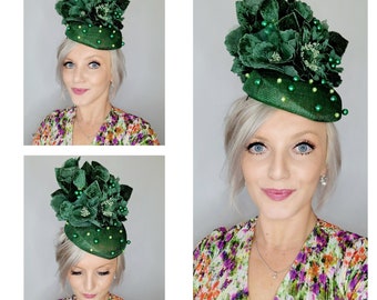 Bespoke Handmade Evergreen Pearl Hat-Large Green Velvet Roses,Green Velvet Sunflowers ,Green Velvet Leaves,edged with Dark&Sea Green Pearls