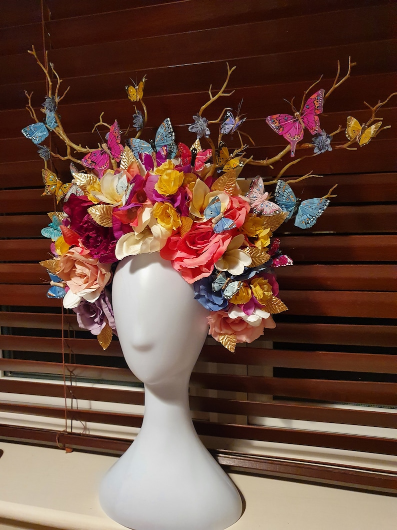 One Off-Bespoke Handmade Multi-Coloured Ladies Day/Festival/Pride/Hen Party Headdress, Multi-Coloured Butterflies,Gold Metallic Leaves&Gems image 6