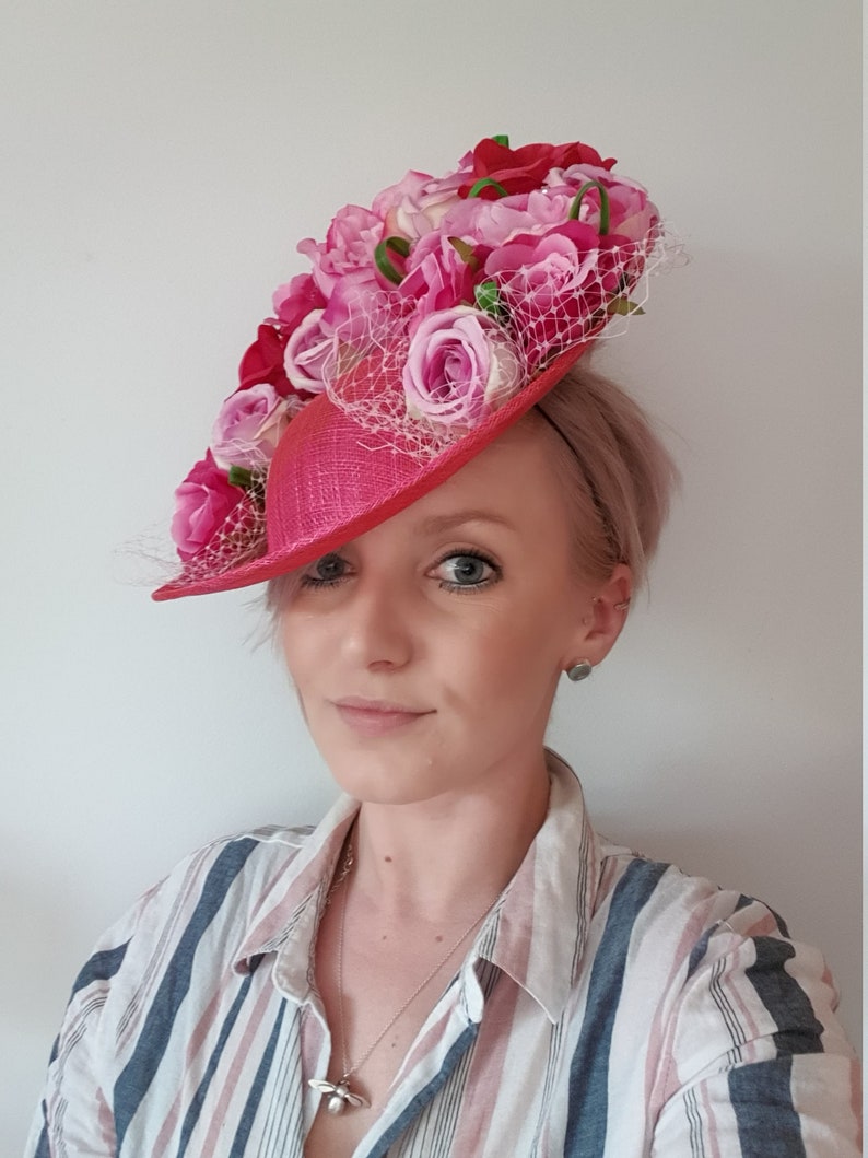 Ladies Day Hat With Gems Bespoke Handmade Unique Mixed Fuchsia and Pale Pink Floral Royal Ascot Wedding Mother Of The Bride