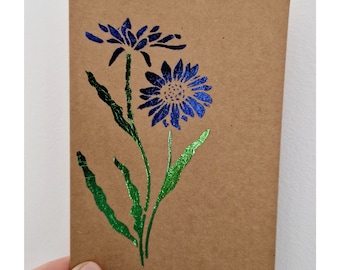 Bespoke Handmade Statement Blue Foil Wildflower Floral Card with Matching Gold Foil Bumble Bee Envelope - No message inside