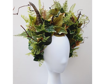 MADE TO ORDER- Bespoke Handmade Bronzed Fawn Statement Headpieces With Mixed Woodland Leaves, Bronzed Fern & Ivy With Twisted Branches Gems
