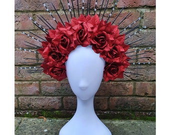MADE TO ORDER  -Bespoke Handmade Stunning Red Glitter Roses Halloween/Gothic/Wedding/Festival Crown With Black Spikes & Gems