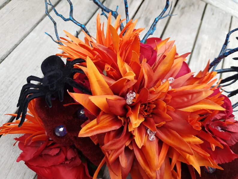 velvet black spiders Made to order Bespoke handmade large orange /& deep red rose floral Halloween Headdress with deep red velvet skulls