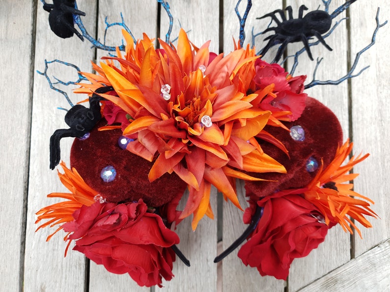 velvet black spiders Made to order Bespoke handmade large orange /& deep red rose floral Halloween Headdress with deep red velvet skulls
