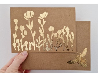 Bespoke Handmade Statement Gold Foil Wild Blossom Floral Card with Matching Gold Foil Bumble Bee Envelope - No message inside