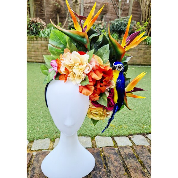 Made To Order-Bespoke Handmade Stunning Mutli Coloured Tropical Festival/Wedding/Ladies Day Floral Headdress With Blue And Yellow Parrot