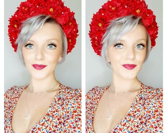 Handmade Statement Bright Red Hydrangea Headpiece With Bright Red Cherry Blossom,Red Velvet Padded Headband Finished With Clear Crystals