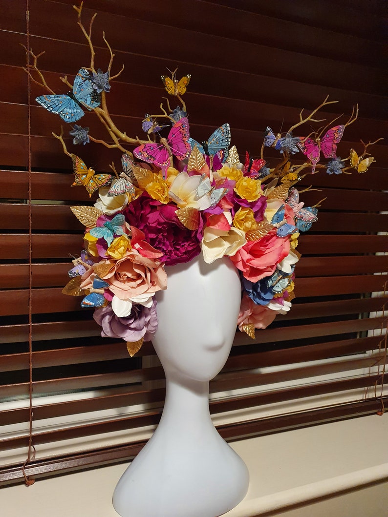 One Off-Bespoke Handmade Multi-Coloured Ladies Day/Festival/Pride/Hen Party Headdress, Multi-Coloured Butterflies,Gold Metallic Leaves&Gems image 5