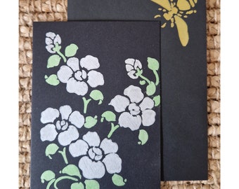 Bespoke Handmade Statement Silver & Green Metallic Wildflower Floral Black Card with Matching Gold Bumble Bee Envelope - No message inside