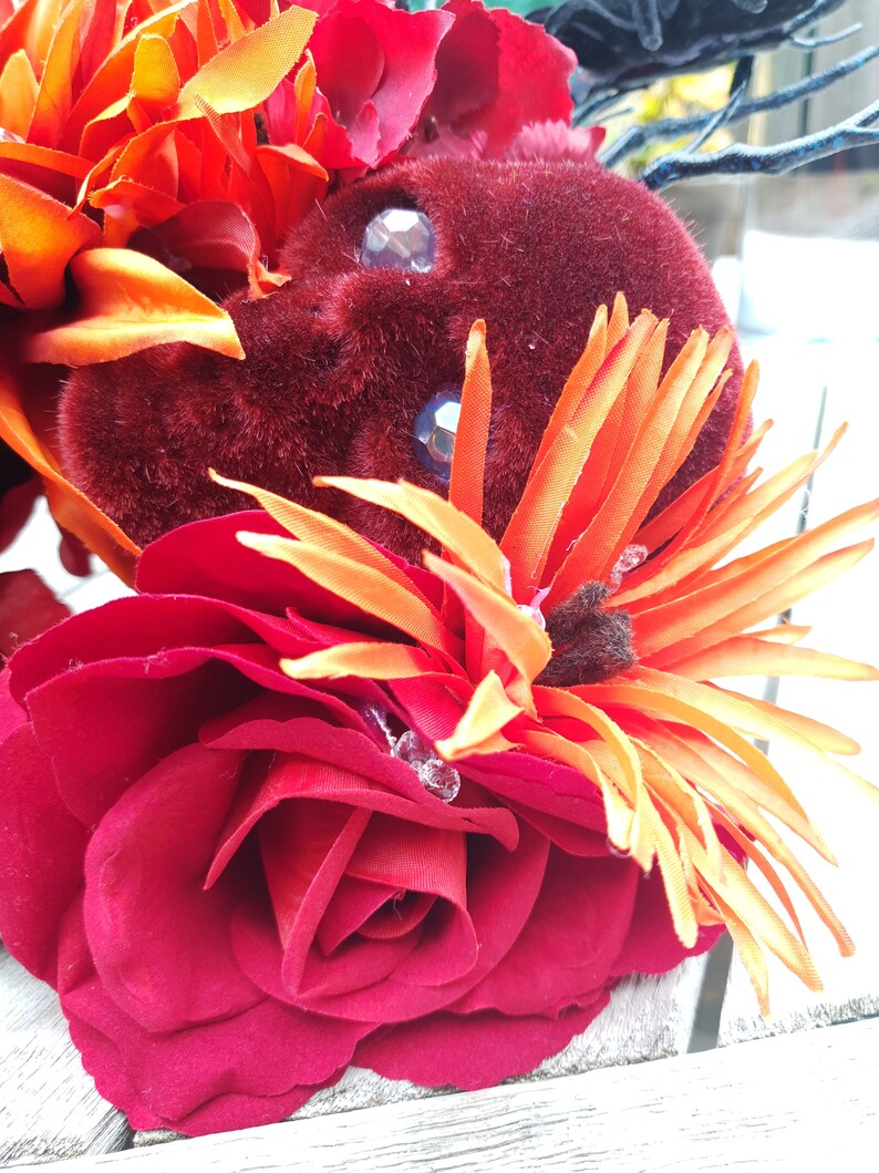 velvet black spiders Made to order Bespoke handmade large orange /& deep red rose floral Halloween Headdress with deep red velvet skulls