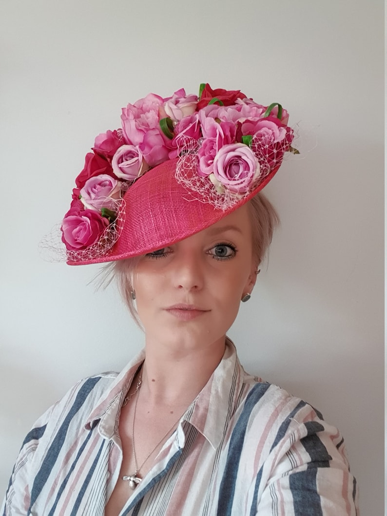 Ladies Day Hat With Gems Bespoke Handmade Unique Mixed Fuchsia and Pale Pink Floral Royal Ascot Wedding Mother Of The Bride