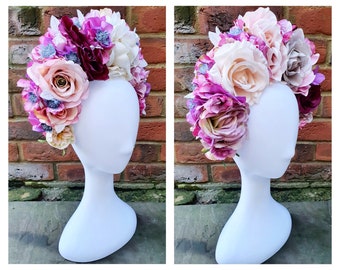 Made To Order Example-Bespoke Handmade Stunning Mixed Floral Festival/Ladies Day/Wedding /Hen Party Flower Crown With Gems & Glitter Leaves
