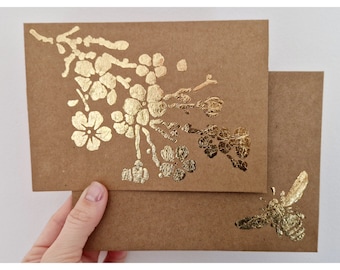 Bespoke Handmade Statement Gold Foil Cherry Blossom Floral Card with Matching Gold Foil Bumble Bee Envelope - No message inside