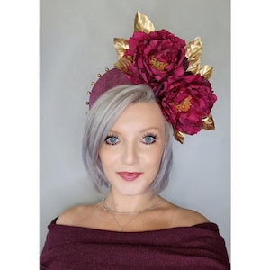 Bespoke Handmade Stunning Vintage Peony Garden Headpiece with Burgundy Large Peonies, Shimmery Gold Leaves & Gems