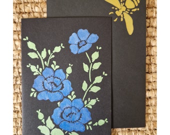 Bespoke Handmade Statement Blue & Green Metallic Wildflower Floral Black Card with Matching Gold Bumble Bee Envelope - No message inside