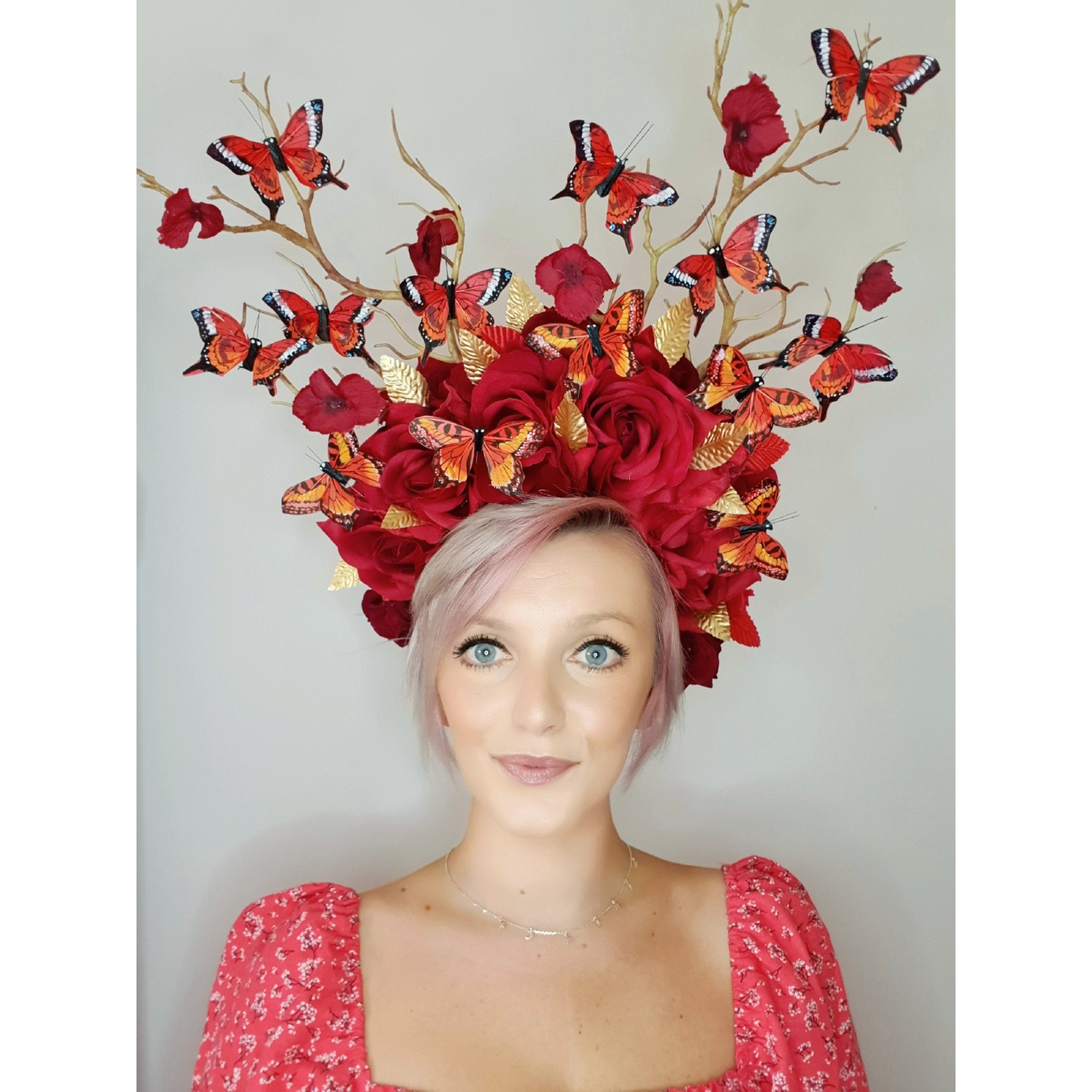 Buy MADE TO ORDER Red Rose Headdress With Mixed Firey Red Feather