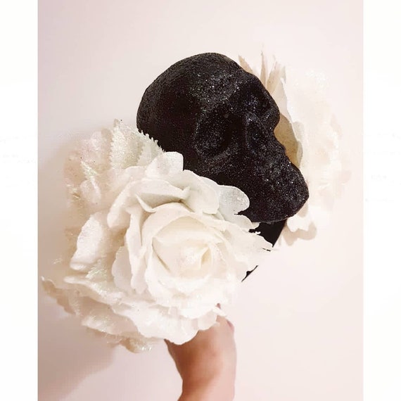 One Off-bespoke Handmade Stunning All Glitter Black Skull Halloween / Day  of the Dead Flower Crown With White Glitter Roses and Leaves 