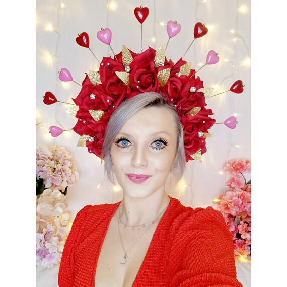 Red rose heart headpiece with crystals Queen of Hearts Rose Crown with Crystals - Cris Crochet Shop main image 3