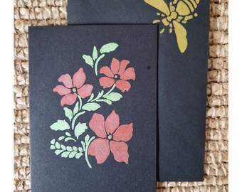 Bespoke Handmade Statement Rust Red Metallic Clematis Wildflower Floral Black Card with Matching Gold Bumble Bee Envelope -No message inside