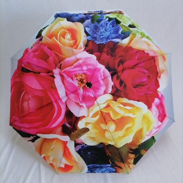 READY TO SHIP - Bespoke Unique Compact Statement Bright Floral Umbrella with Matching Cover