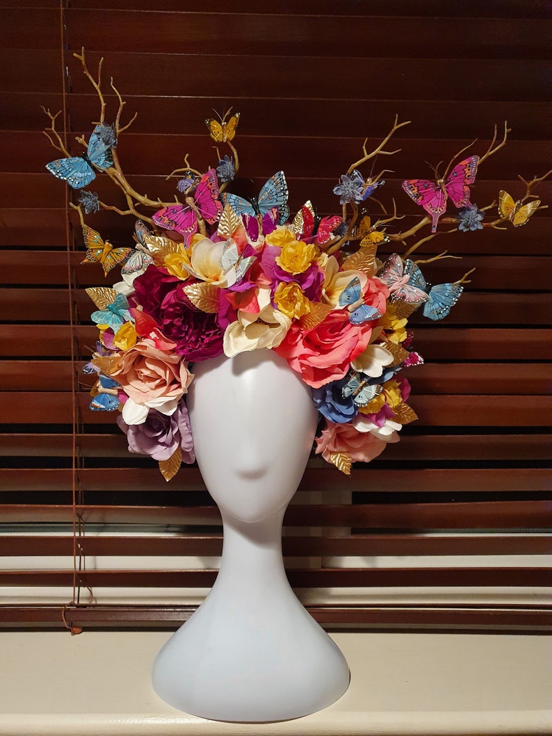 One Off-Bespoke Handmade Multi-Coloured Ladies Day/Festival/Pride/Hen Party Headdress, Multi-Coloured Butterflies,Gold Metallic Leaves&Gems image 4