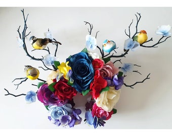 MADE TO ORDER -Bespoke Handmade Stunning Summer Bright Mixed Blossom Ladies Day/Bridal/Festival/ Hen Party Twig Crown With Birds & Gems